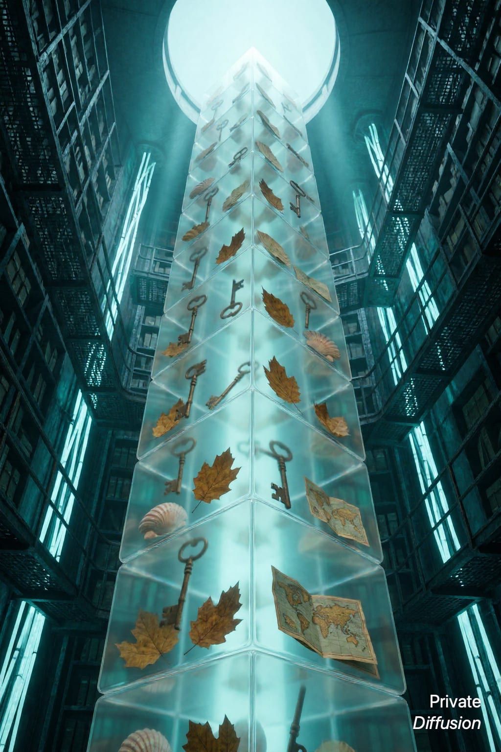 Translucent memory cubes float upward through a tall archive shaft toward a glowing ceiling opening.