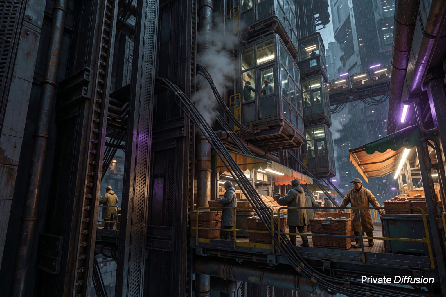 A cyberpunk market climbs elevator rails along a rainy megatower wall.