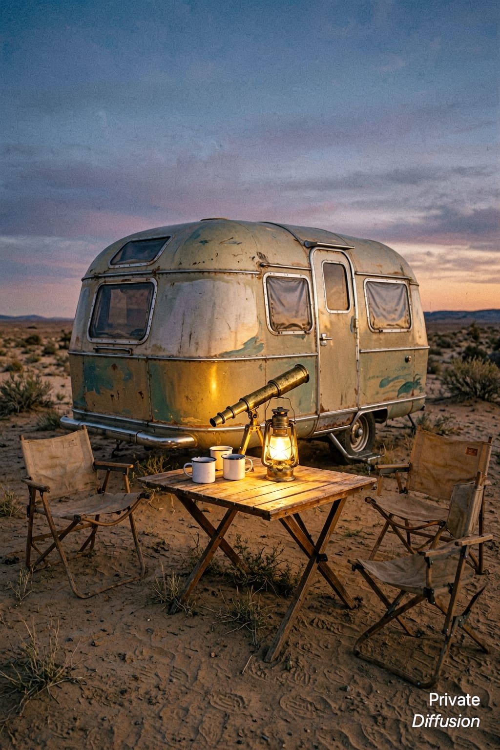A vintage camper sits in the desert beside a brass telescope at dusk.