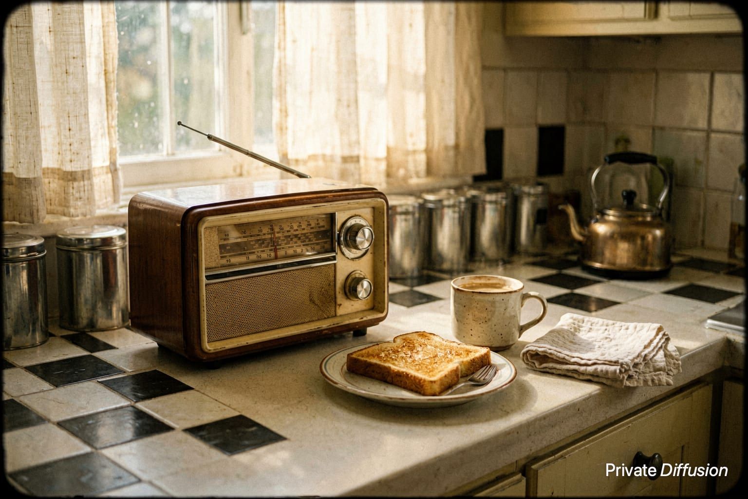 A vintage kitchen radio sits on a counter beside toast, a mug, and morning light.