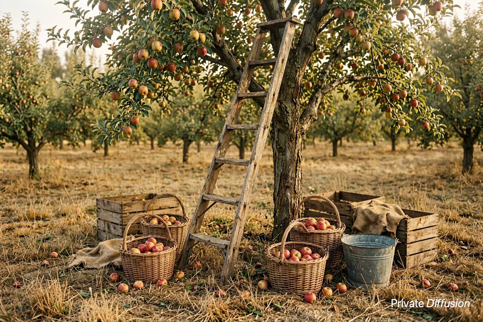 A vintage orchard ladder leans against an apple tree beside baskets of fruit.