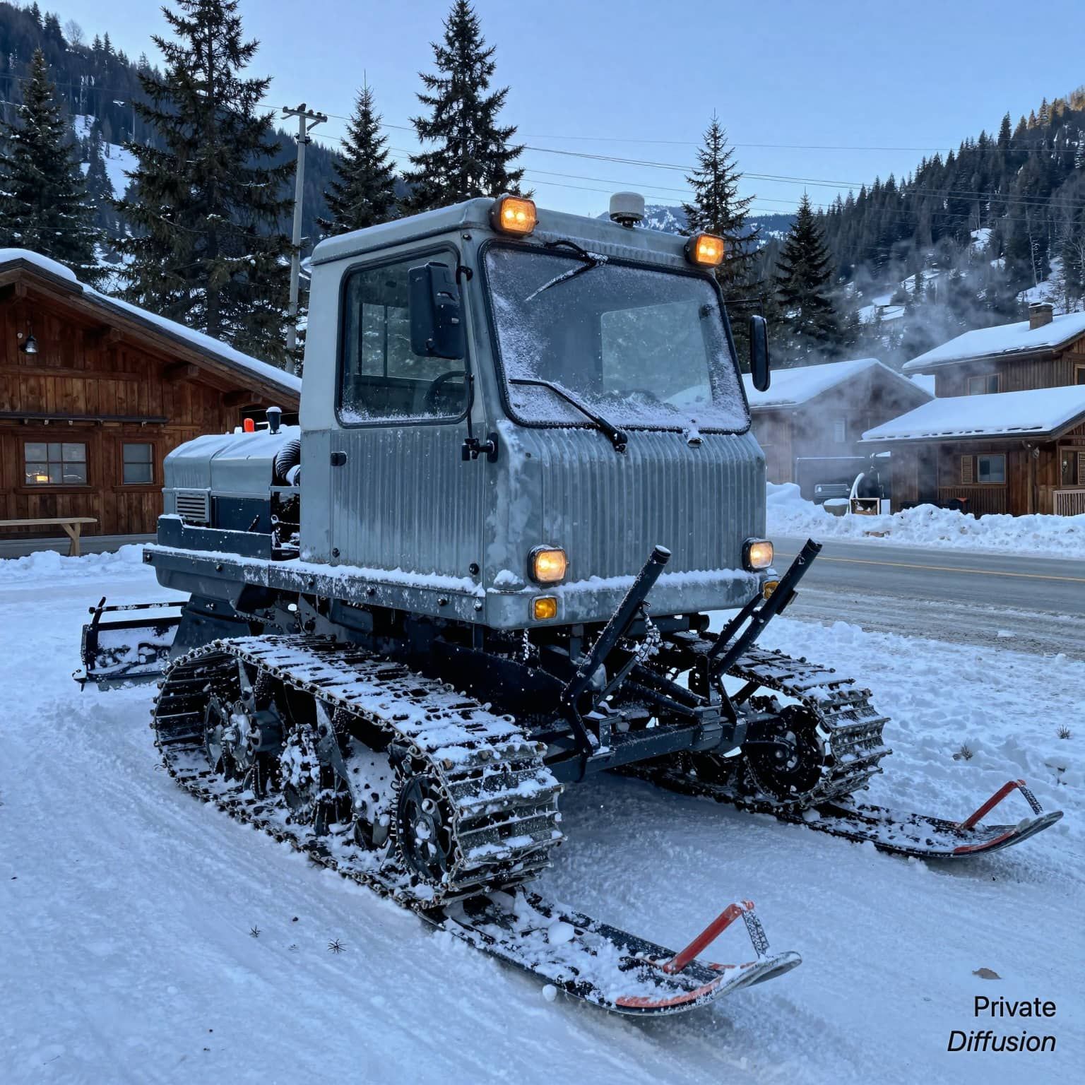 A vintage tracked snow groomer sits beside timber sheds on a snowy mountain road.