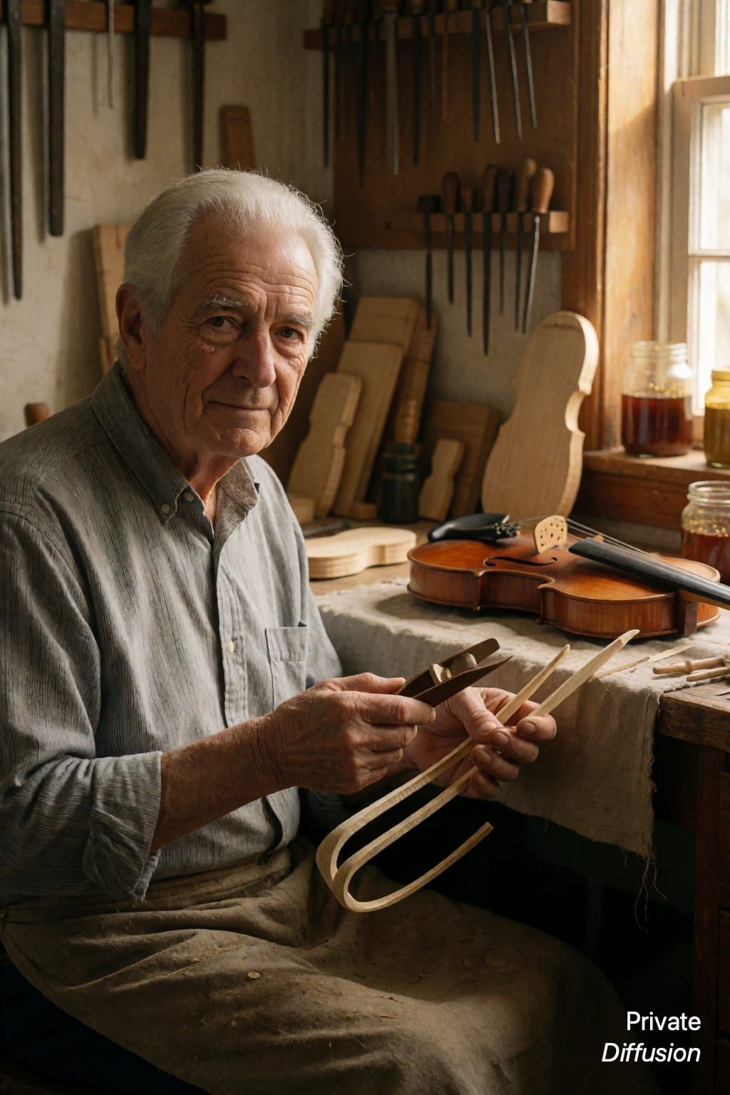 An elderly violin maker sits at a bench with tools and shaped wood.