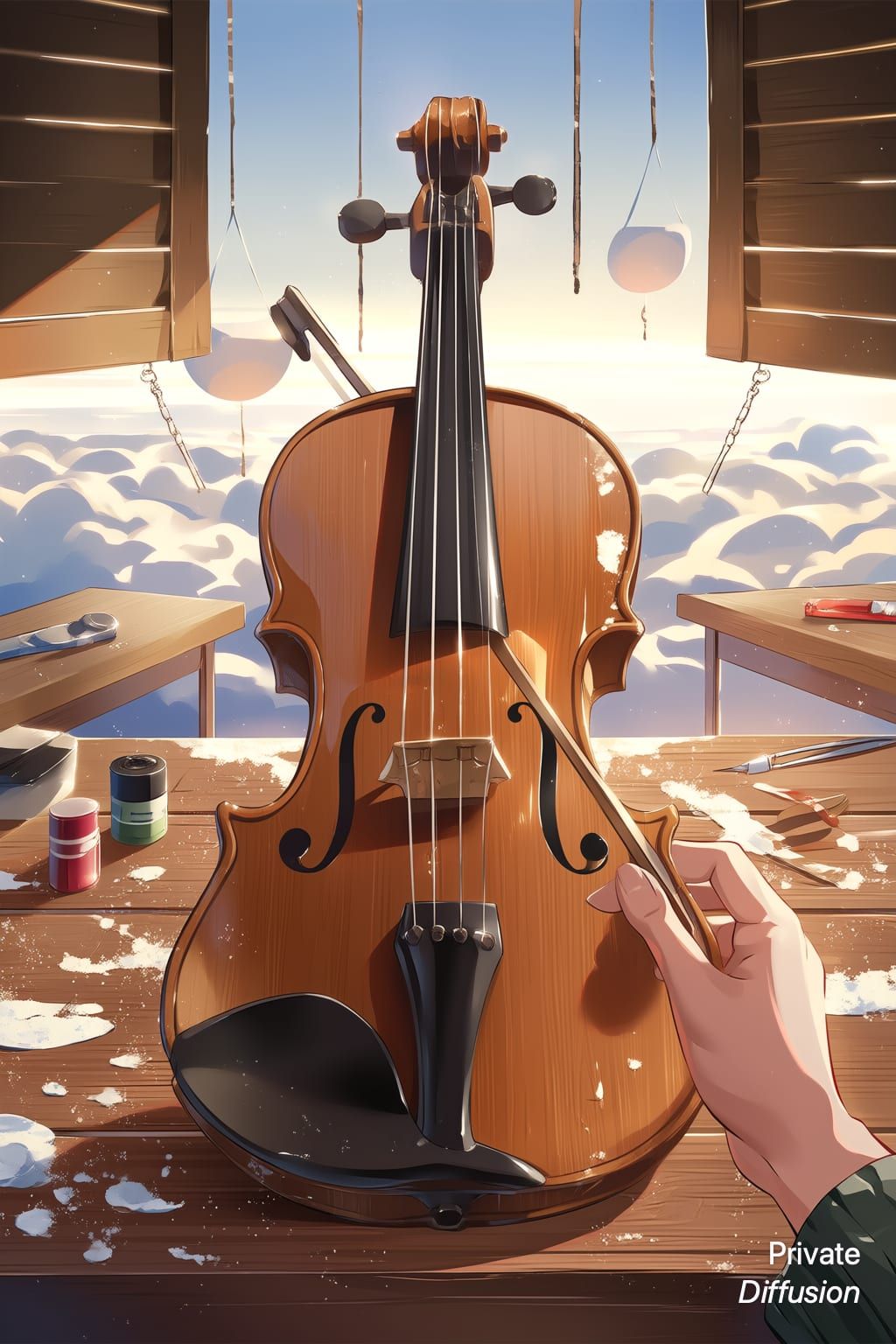 An anime violin maker sands an instrument in a floating balloon workshop.