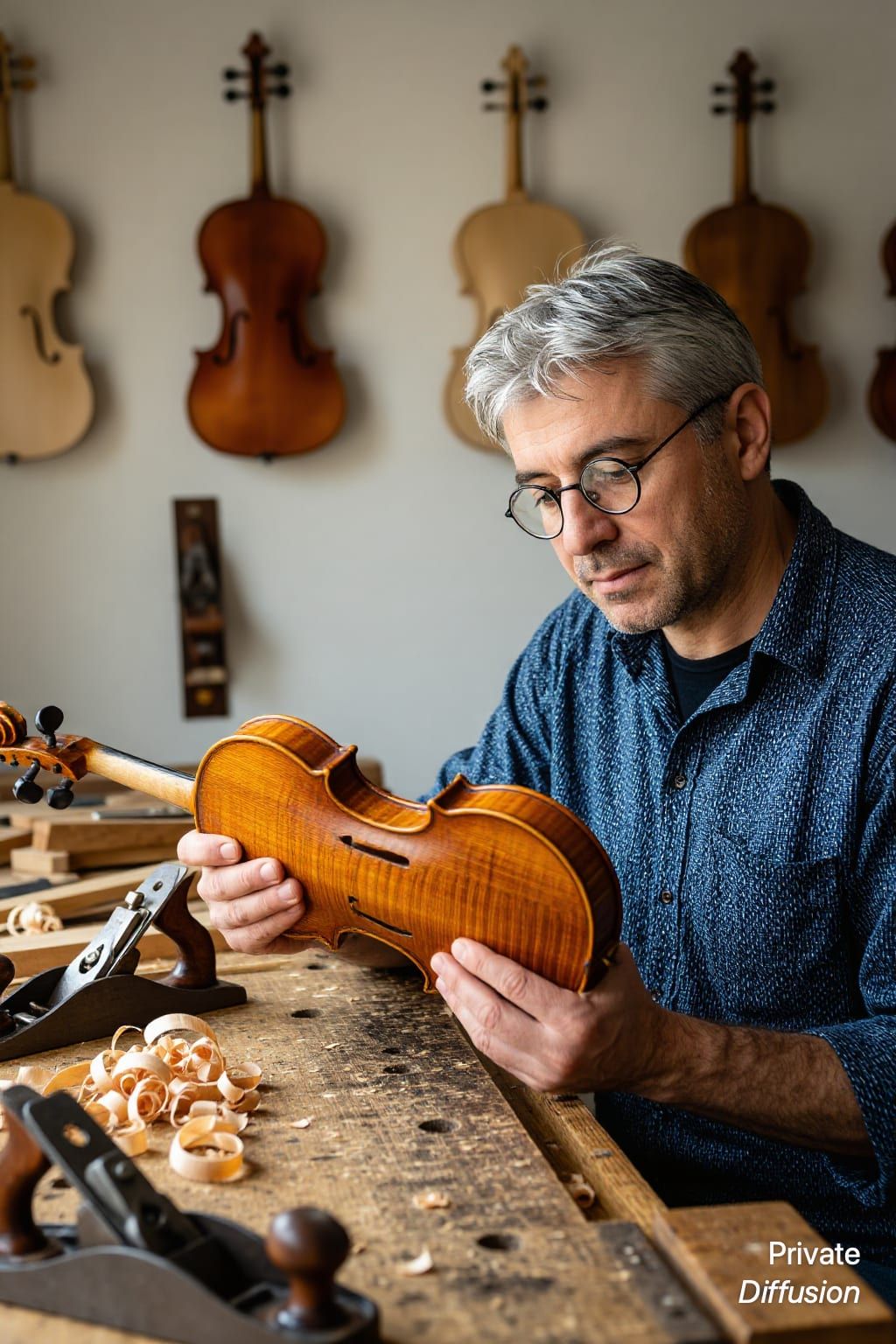 An adult violin maker studies a carved wooden violin plate in a sunlit workshop.