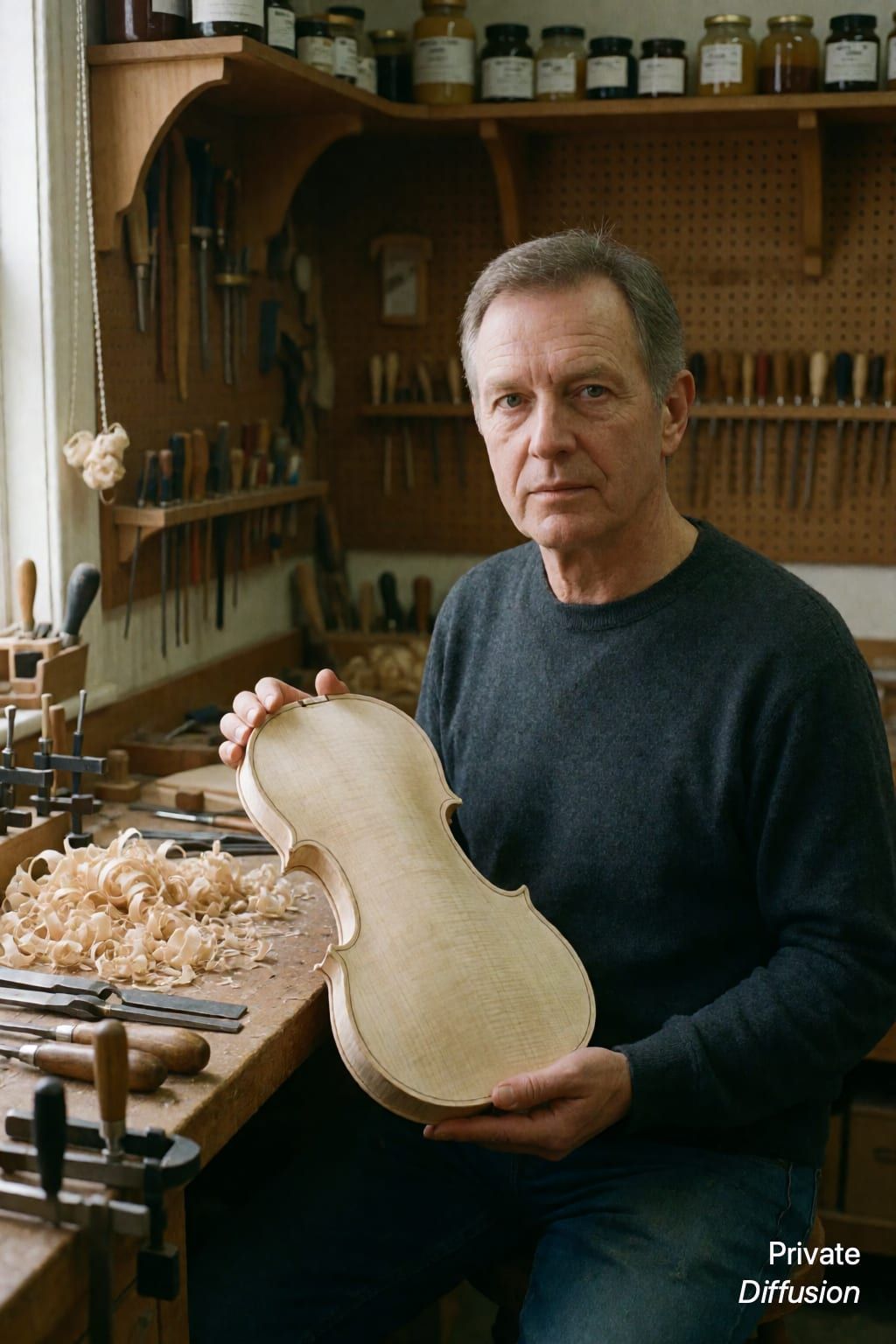 An adult violin maker sits at a workbench with an unfinished instrument plate.