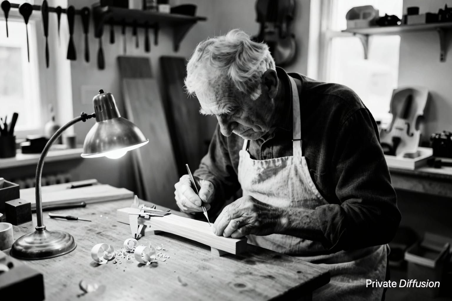 A violin maker files a small wooden bridge at a cluttered monochrome workbench.