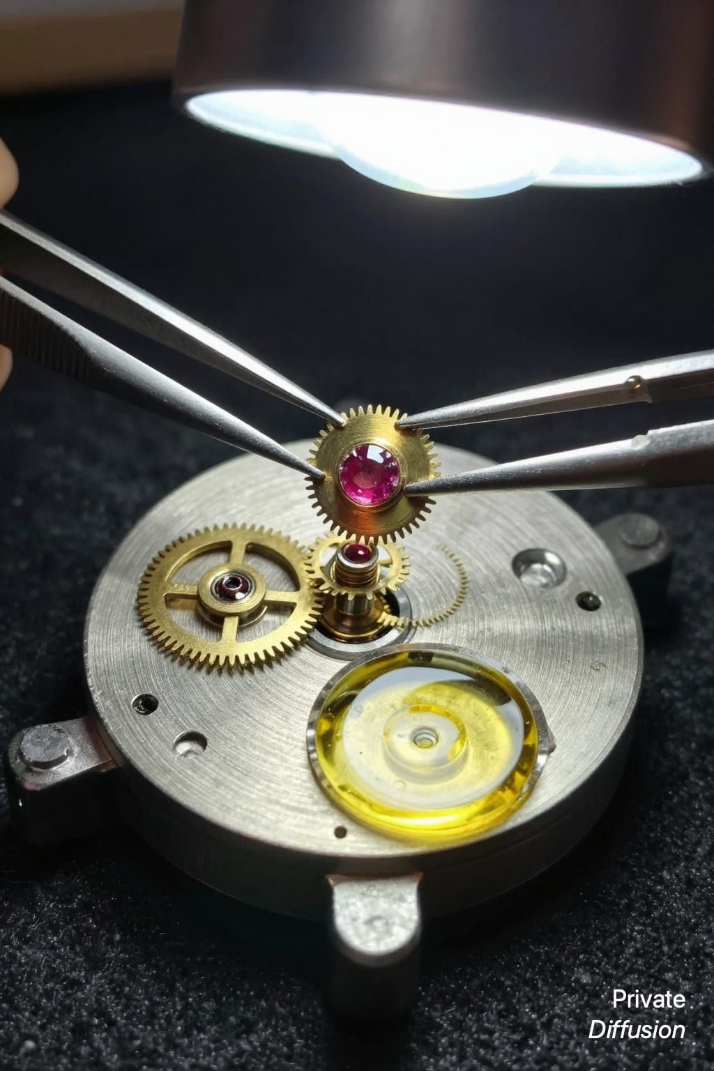 Tweezers lift a tiny brass watch gear beside a red ruby bearing.