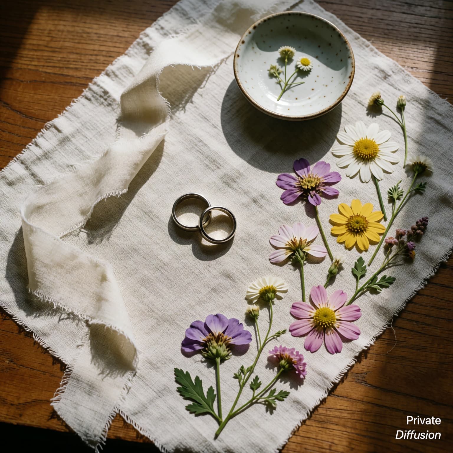 Two plain wedding rings lie beside pressed flowers and linen ribbon on a wooden dressing table.