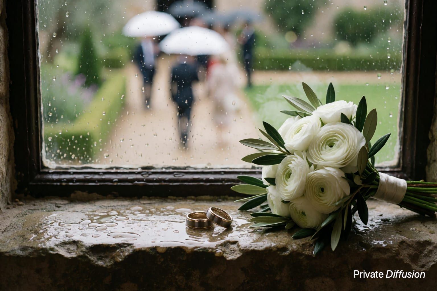 Two wedding rings sit on a wet stone windowsill beside white flowers.