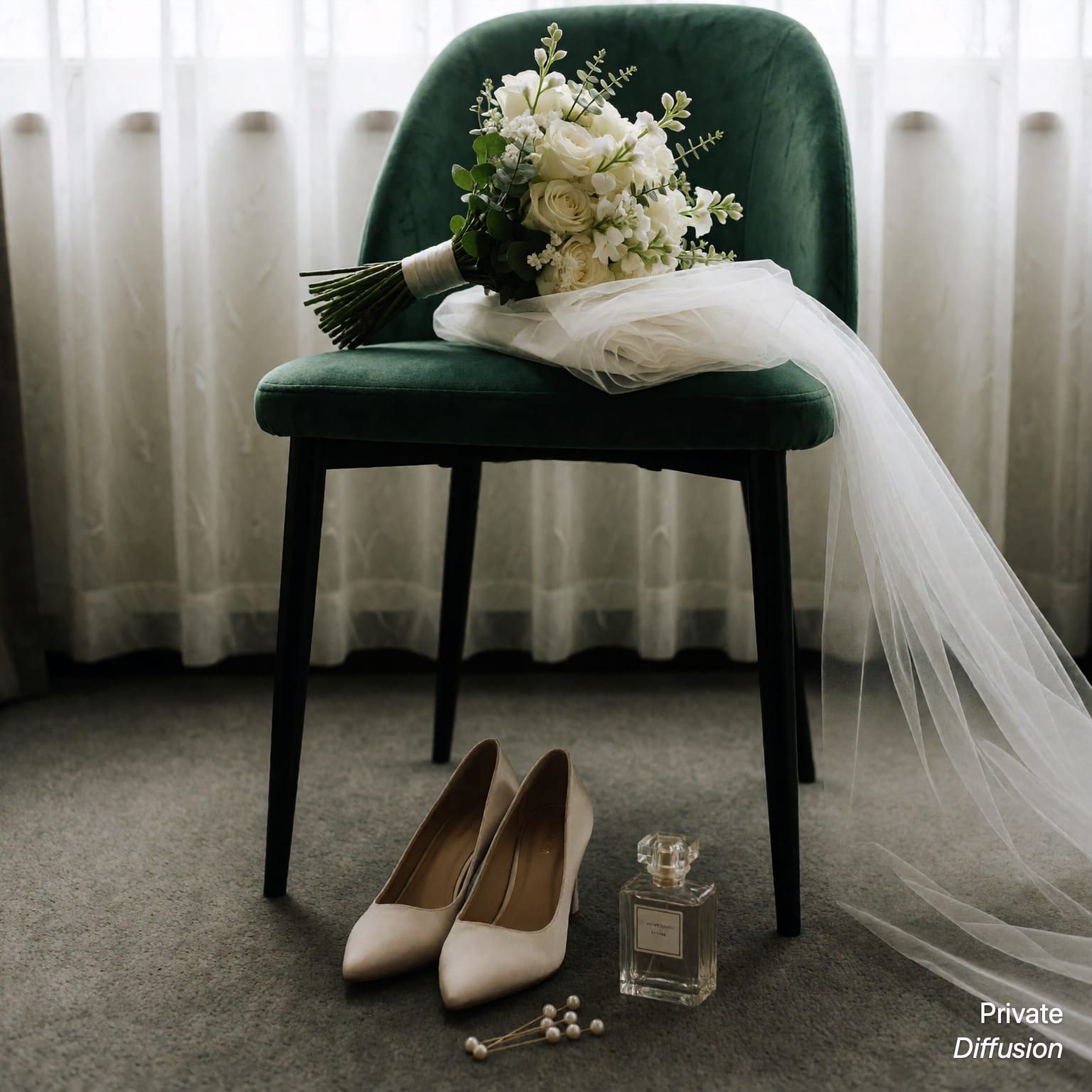 Satin wedding shoes rest beneath a velvet chair with a bouquet and veil nearby.