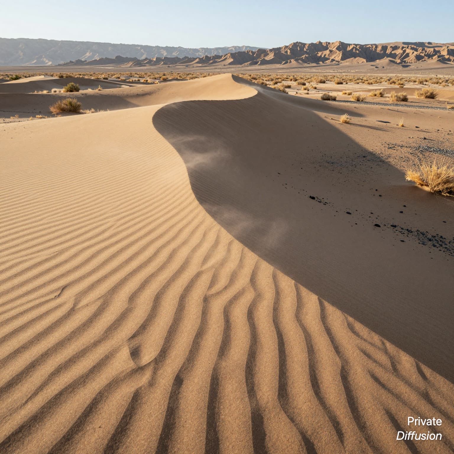 Wind lifts sand across rippled desert dunes dotted with dry shrubs and black pebbles.