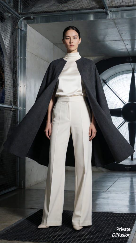 A fashion model stands in a wind tunnel as a cape lifts in airflow.