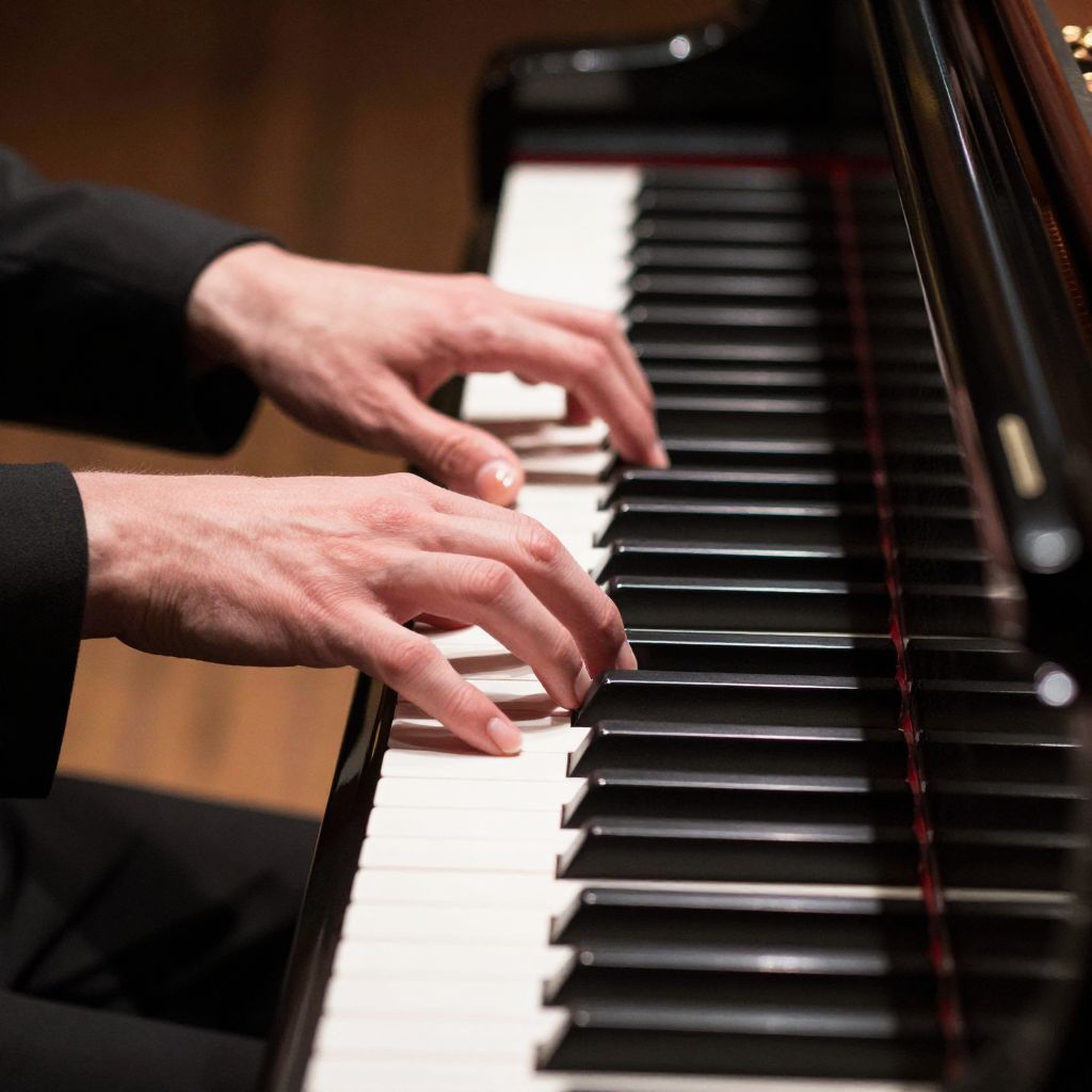 Atomic ChatのZ-Image-Turbo、Q4_K_M、プロンプト: Close-up of a pianist's hands on the keys of a grand piano, five fingers on each hand, warm stage light