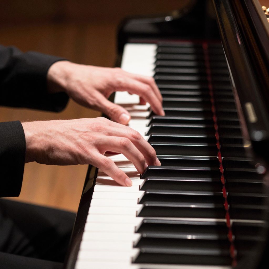 Atomic ChatのZ-Image-Turbo、Q8_0、プロンプト: Close-up of a pianist's hands on the keys of a grand piano, five fingers on each hand, warm stage light