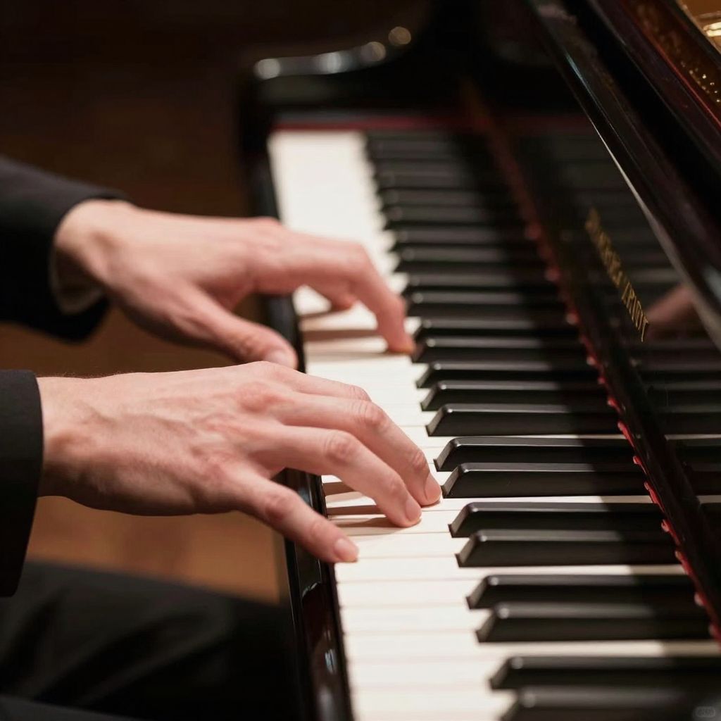 Private DiffusionのZ-Image-Turbo、QAD、プロンプト: Close-up of a pianist's hands on the keys of a grand piano, five fingers on each hand, warm stage light