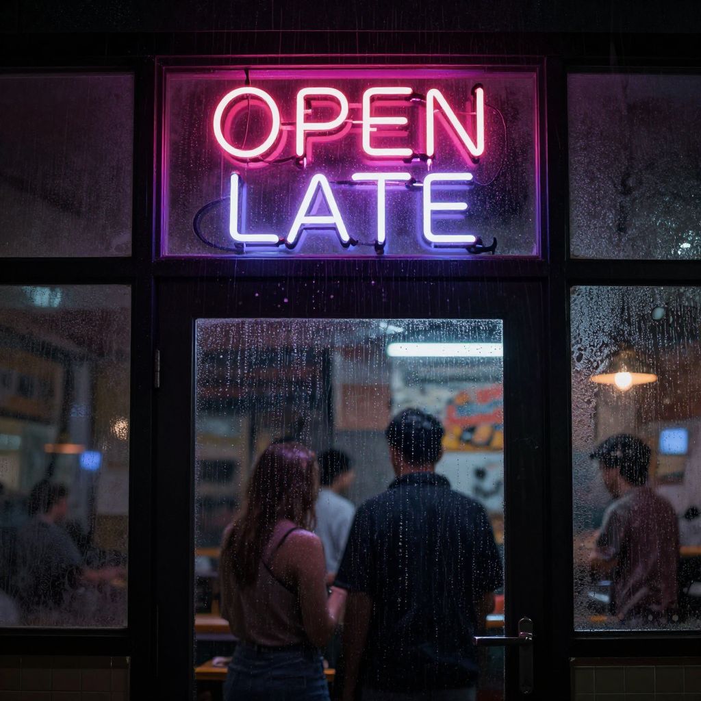 Atomic ChatのZ-Image-Turbo、Q4_K_M、プロンプト: A neon sign reading 'OPEN LATE' above a rainy diner door, photographed at night