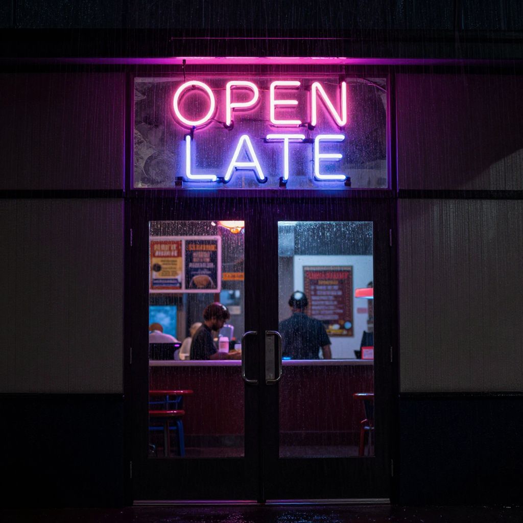 Atomic ChatのZ-Image-Turbo、Q8_0、プロンプト: A neon sign reading 'OPEN LATE' above a rainy diner door, photographed at night
