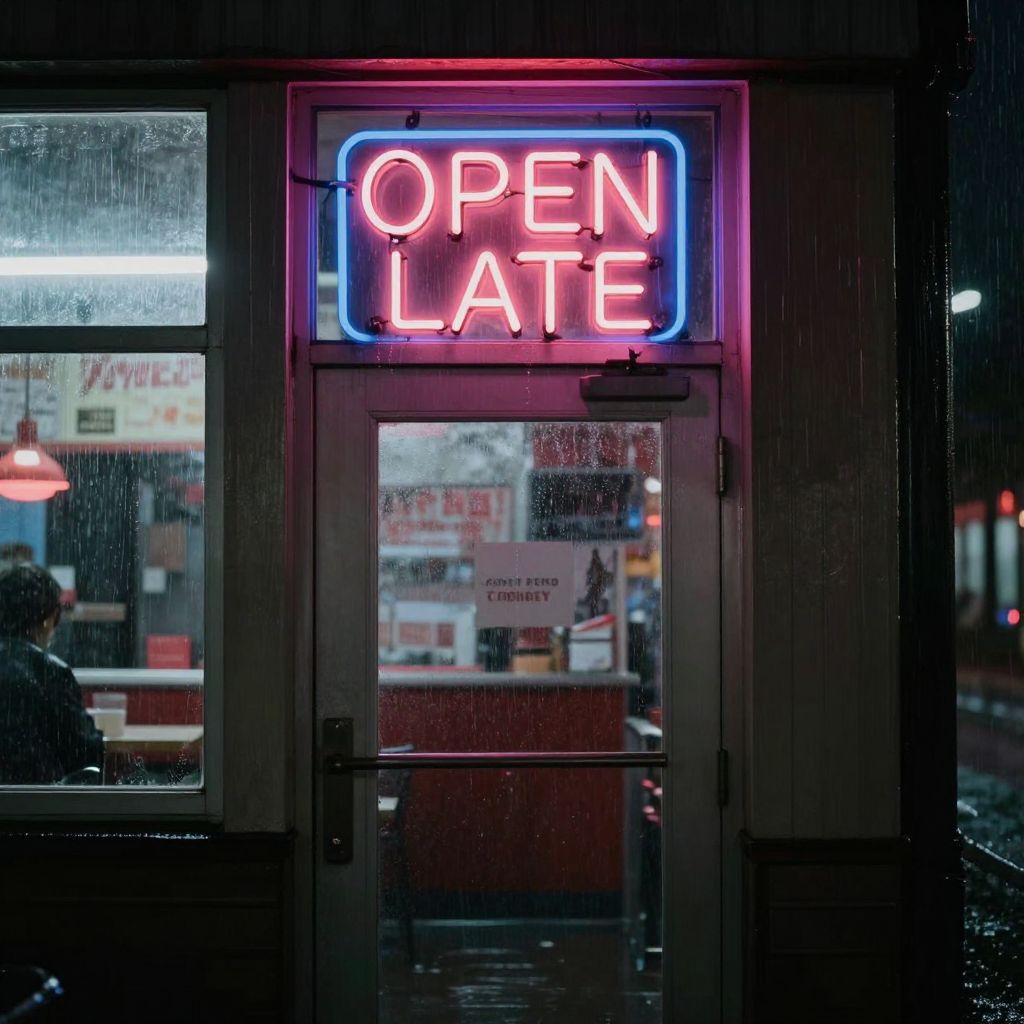Private DiffusionのZ-Image-Turbo、QAD、プロンプト: A neon sign reading 'OPEN LATE' above a rainy diner door, photographed at night