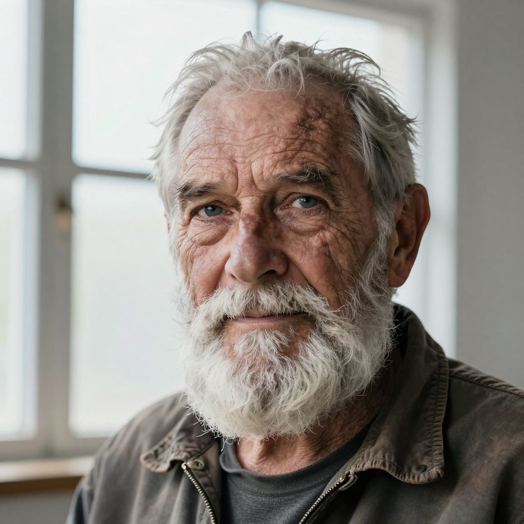 Atomic ChatのZ-Image-Turbo、Q4_K_M、プロンプト: Studio portrait of an elderly fisherman with a weathered face and white beard, soft window light