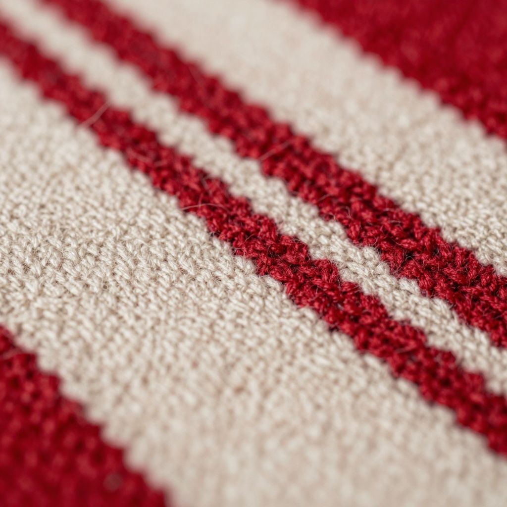 Private DiffusionのZ-Image-Turbo、QAD、プロンプト: Macro photo of a hand-woven wool blanket in red and cream stripes, individual fibers visible