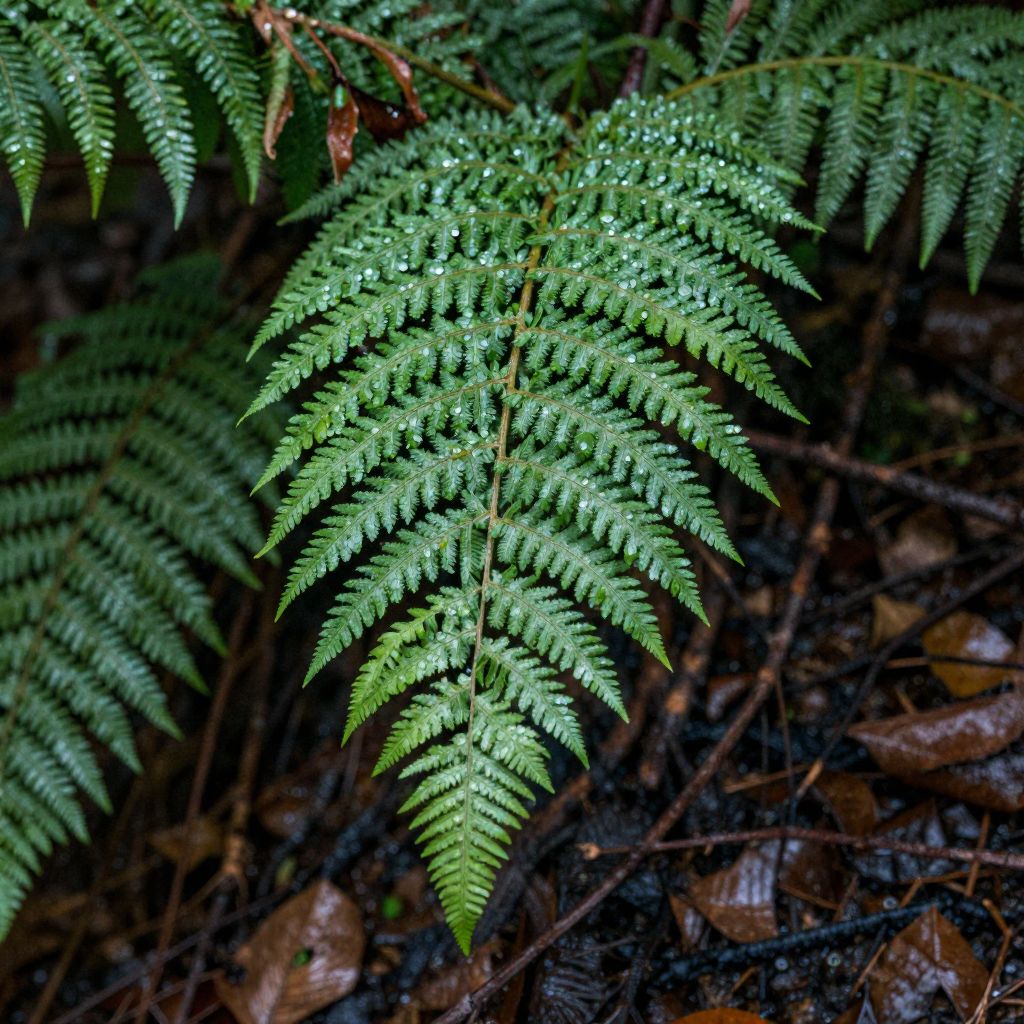 Atomic ChatのZ-Image-Turbo、Q4_K_M、プロンプト: A fern-covered forest floor after rain, dew on every leaf, shallow depth of field