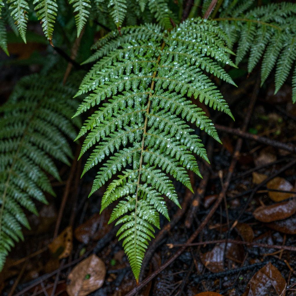 Atomic ChatのZ-Image-Turbo、Q8_0、プロンプト: A fern-covered forest floor after rain, dew on every leaf, shallow depth of field