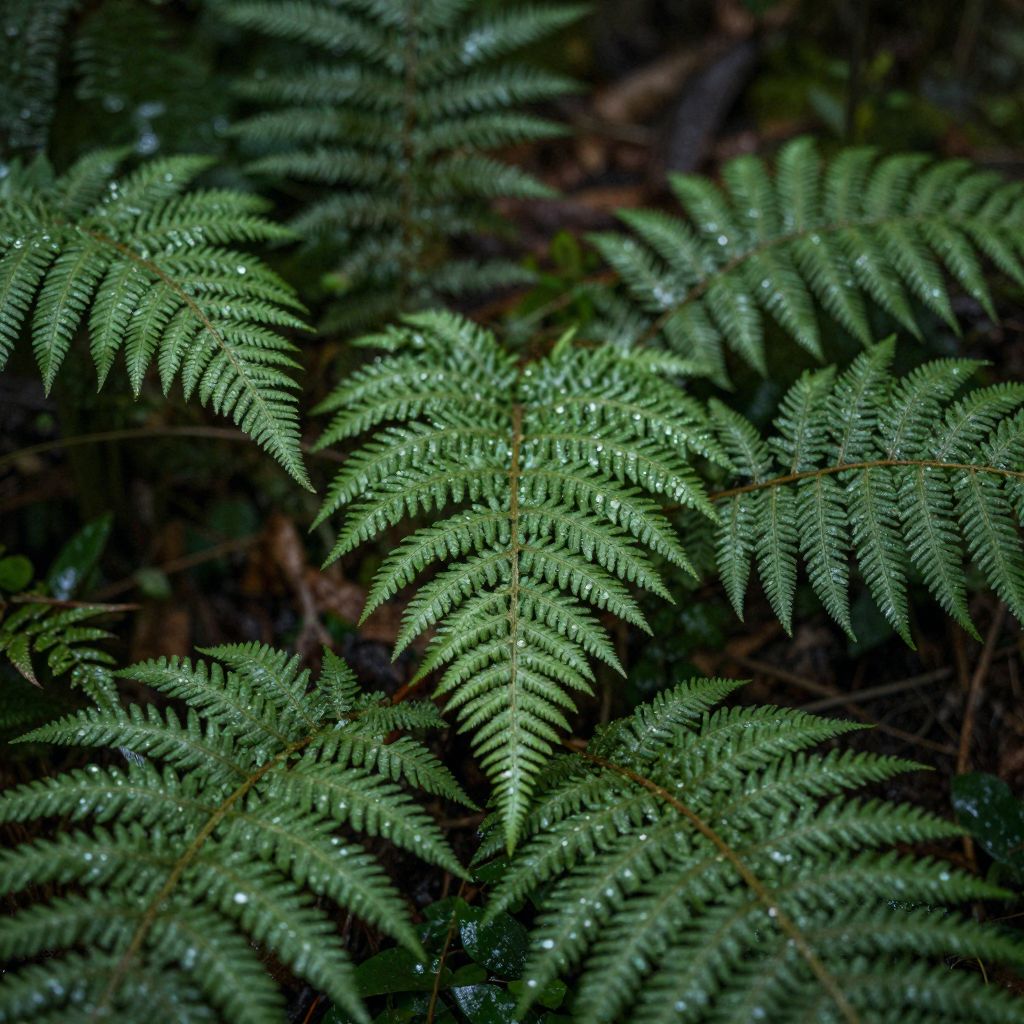 Private DiffusionのZ-Image-Turbo、QAD、プロンプト: A fern-covered forest floor after rain, dew on every leaf, shallow depth of field