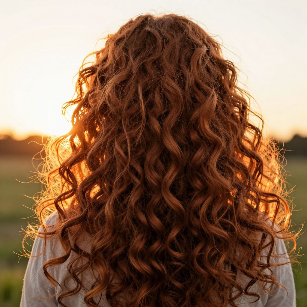 Atomic ChatのZ-Image-Turbo、Q4_K_M、プロンプト: Portrait of a woman with long curly auburn hair backlit by the setting sun, individual strands catching light