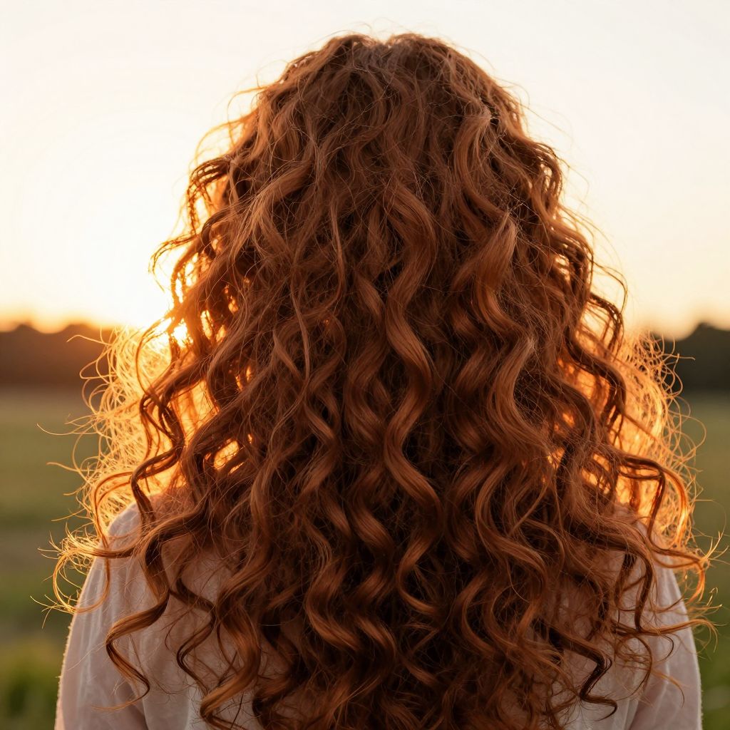 Atomic ChatのZ-Image-Turbo、Q8_0、プロンプト: Portrait of a woman with long curly auburn hair backlit by the setting sun, individual strands catching light