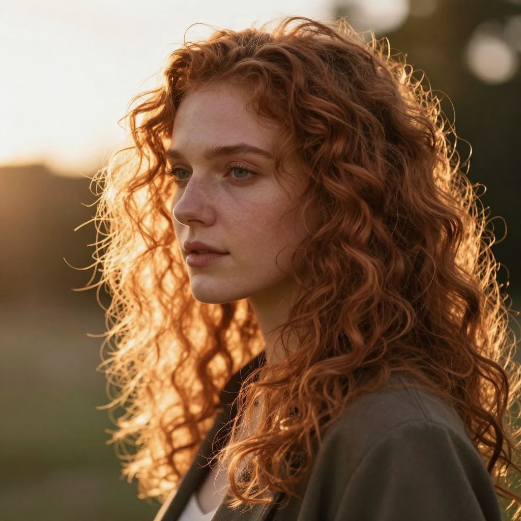 Private DiffusionのZ-Image-Turbo、QAD、プロンプト: Portrait of a woman with long curly auburn hair backlit by the setting sun, individual strands catching light