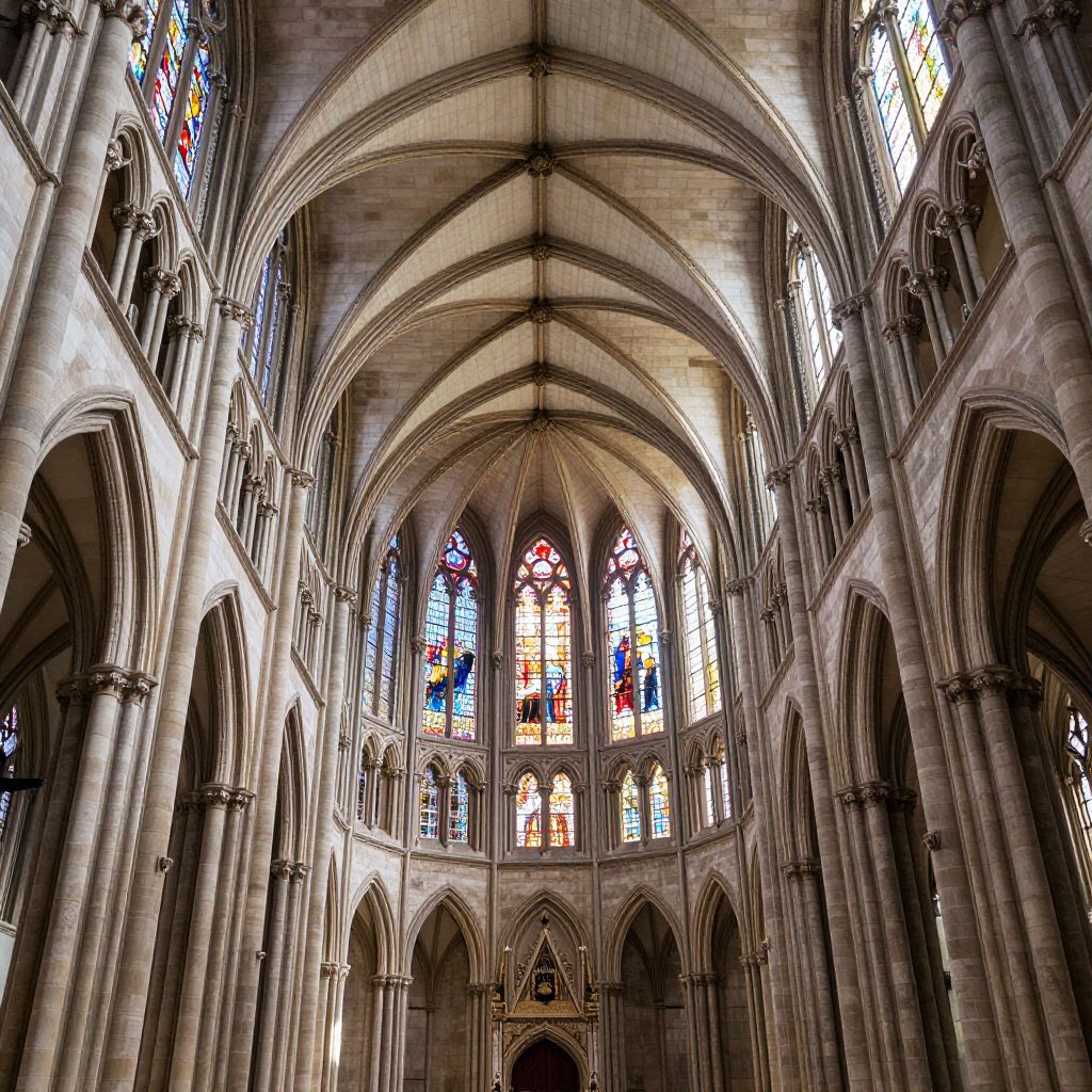 Atomic ChatのZ-Image-Turbo、Q4_K_M、プロンプト: A Gothic cathedral nave seen from the entrance, ribbed vaults, stained glass, symmetrical composition