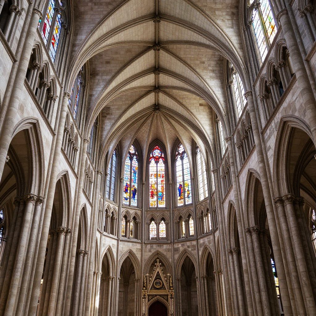 Atomic ChatのZ-Image-Turbo、Q8_0、プロンプト: A Gothic cathedral nave seen from the entrance, ribbed vaults, stained glass, symmetrical composition
