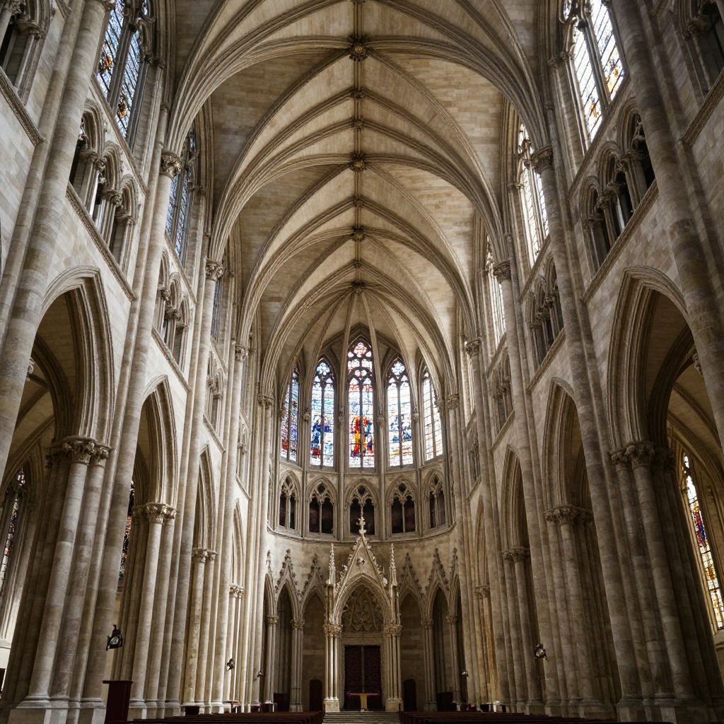 Private DiffusionのZ-Image-Turbo、QAD、プロンプト: A Gothic cathedral nave seen from the entrance, ribbed vaults, stained glass, symmetrical composition