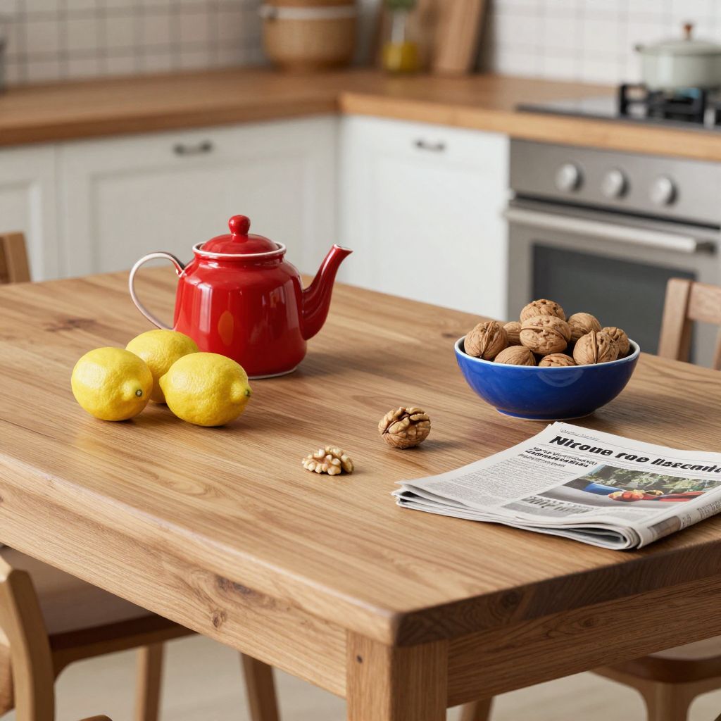 Atomic ChatのZ-Image-Turbo、Q4_K_M、プロンプト: A wooden kitchen table with a red teapot, three lemons, a blue ceramic bowl of walnuts, and a folded newspaper