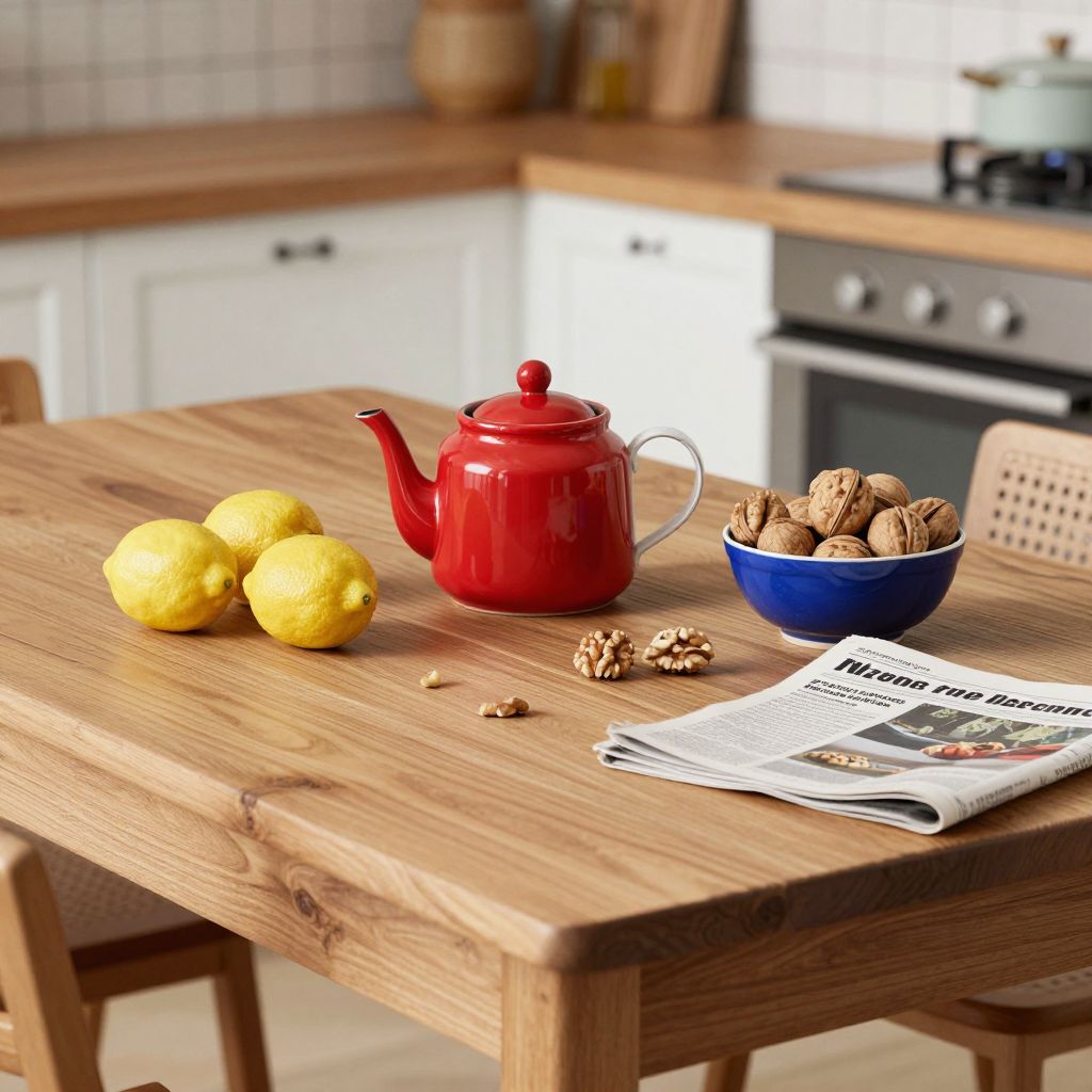 Atomic ChatのZ-Image-Turbo、Q8_0、プロンプト: A wooden kitchen table with a red teapot, three lemons, a blue ceramic bowl of walnuts, and a folded newspaper