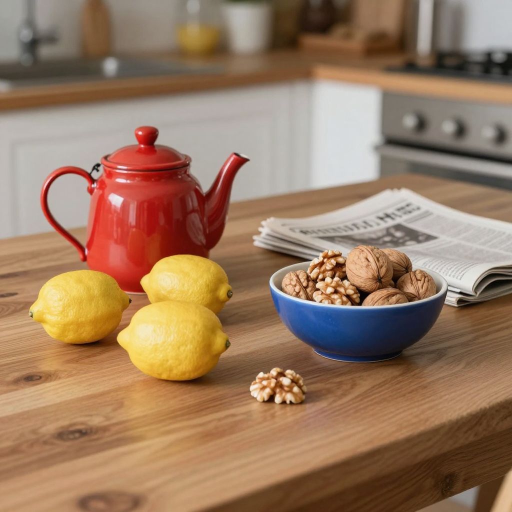 Private DiffusionのZ-Image-Turbo、QAD、プロンプト: A wooden kitchen table with a red teapot, three lemons, a blue ceramic bowl of walnuts, and a folded newspaper