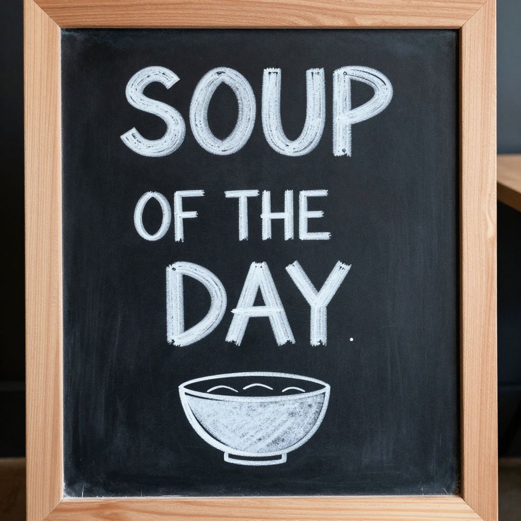 Atomic ChatのZ-Image-Turbo、Q4_K_M、プロンプト: A hand-lettered chalkboard menu reading 'SOUP OF THE DAY' with a small drawing of a bowl beneath