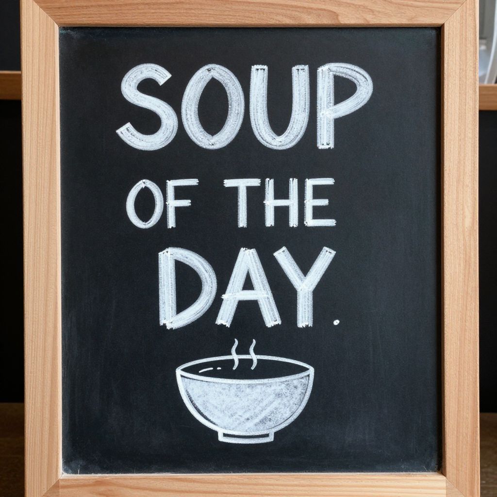 Atomic ChatのZ-Image-Turbo、Q8_0、プロンプト: A hand-lettered chalkboard menu reading 'SOUP OF THE DAY' with a small drawing of a bowl beneath