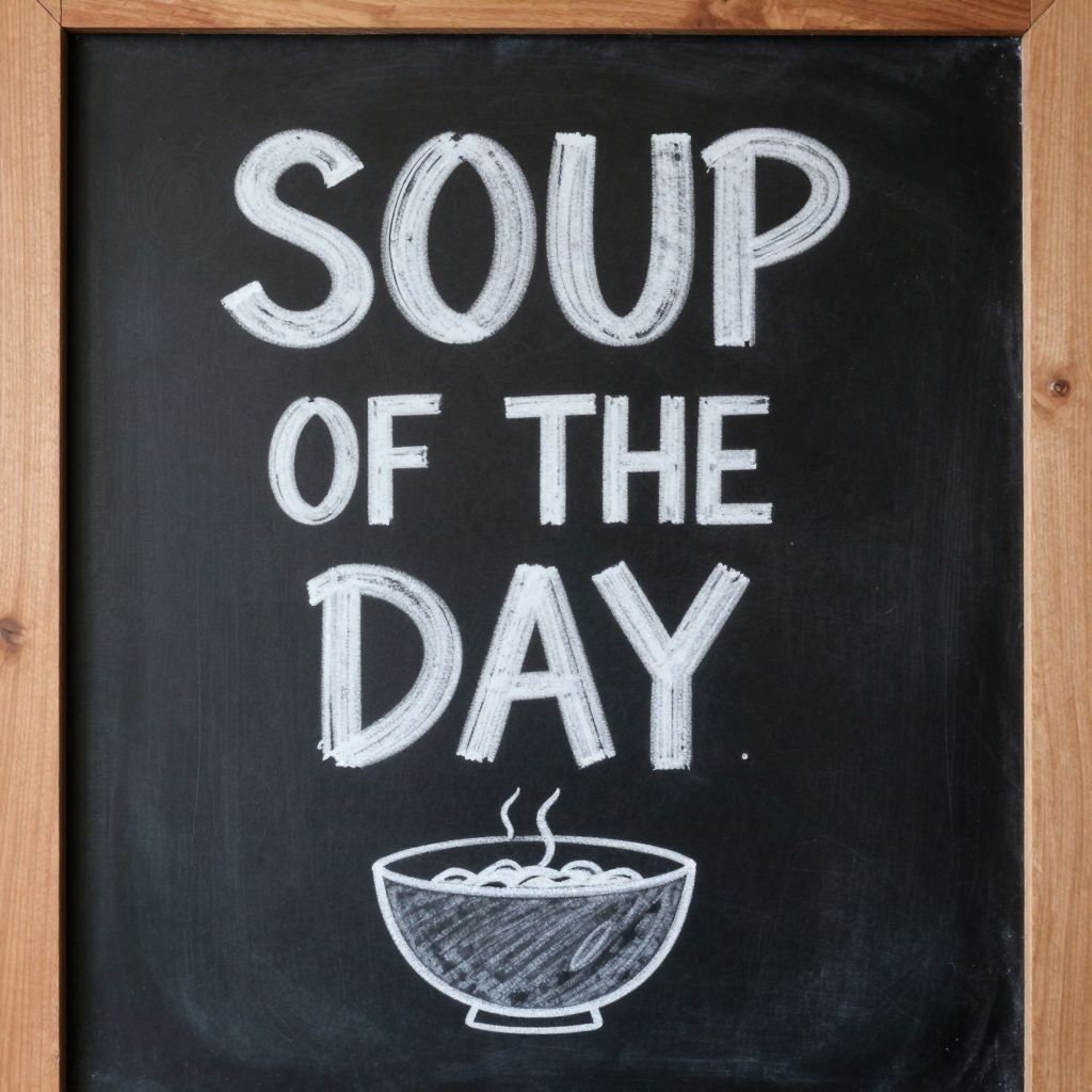 Private DiffusionのZ-Image-Turbo、QAD、プロンプト: A hand-lettered chalkboard menu reading 'SOUP OF THE DAY' with a small drawing of a bowl beneath