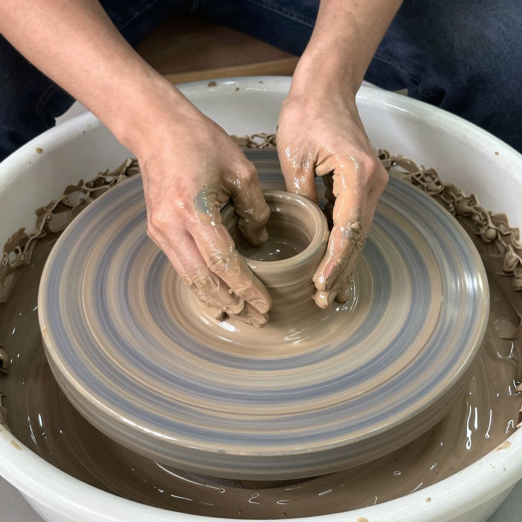 Atomic ChatのZ-Image-Turbo、Q4_K_M、プロンプト: A potter shaping clay on a wheel, both hands visible, wet clay on the fingers