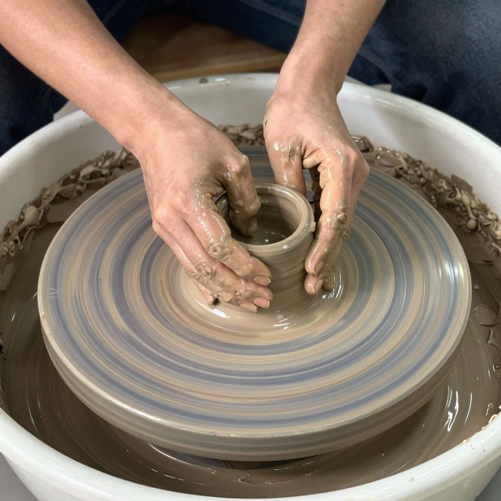 Atomic ChatのZ-Image-Turbo、Q8_0、プロンプト: A potter shaping clay on a wheel, both hands visible, wet clay on the fingers