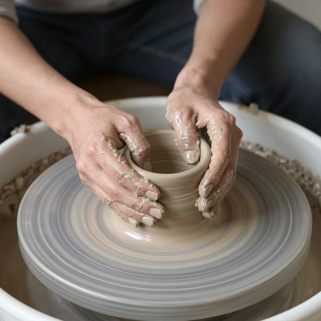 Private DiffusionのZ-Image-Turbo、QAD、プロンプト: A potter shaping clay on a wheel, both hands visible, wet clay on the fingers