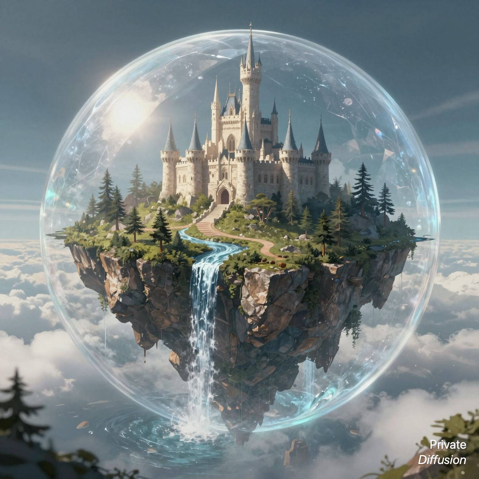 A fairytale castle on a floating island sits inside a glass sphere above the clouds.
